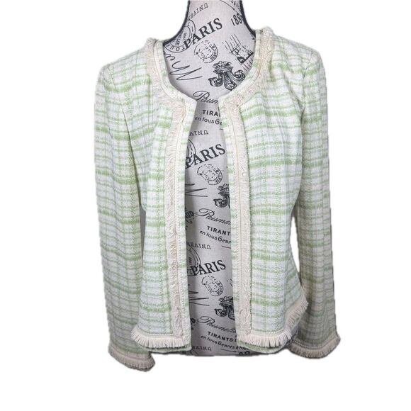 St. John Collection Green Knit Tweed Blazer Jacket Fringe Hem Single Clasp Sz 8 - Picture 4 of 12